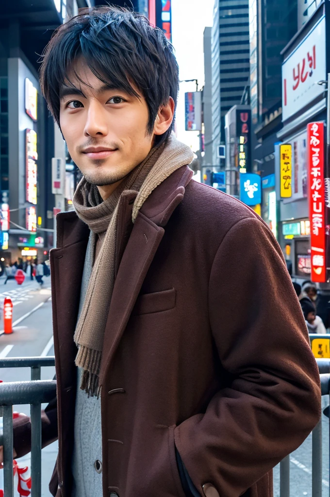 Fotorrealista, Póster de cuerpo completo en 8K, elegante, japonés, hombre de 25 años, mirada atractiva, detalles faciales detallados, tokio, inviernos, Shibuya al fondo