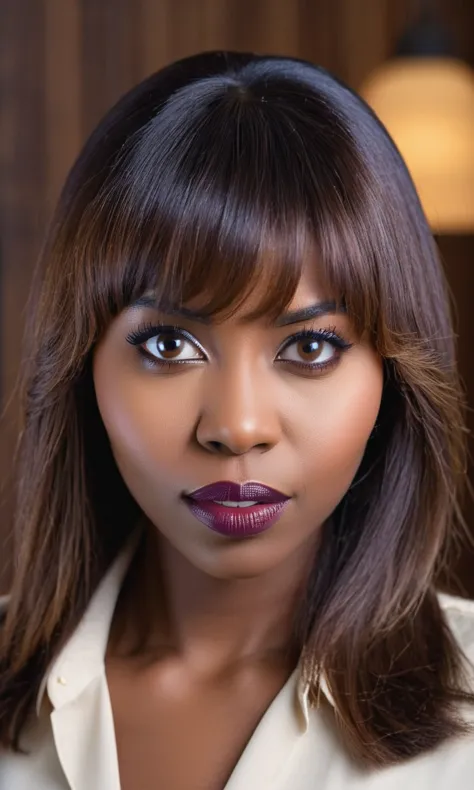 photo of 26 years african woman facing the camera, shot from waist up, (long brown hair and bangs:0.9), tooth gap, serious, (puf...