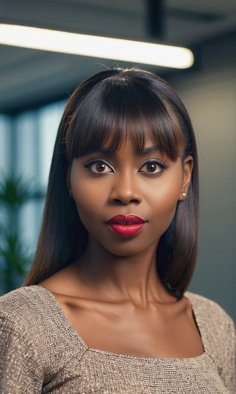 photo of 26 years african woman facing the camera, shot from waist up, (long brown hair and bangs:0.9), tooth gap, serious, (puffy sharp eyes:1.15), office background, background flashlight rises, dynamic pose, soothing skin, acai lipstick, (slighty open mouth:1.25), (shoulder view:1.2),

depth of field, highly detailed, gorgeous, film grain, grainy.