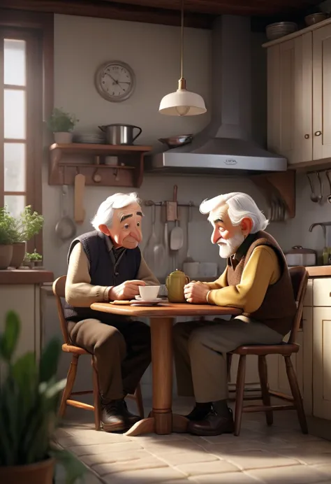 ack sitting at a small table in a cozy kitchen, talking to an elderly man who looks wise and calm.