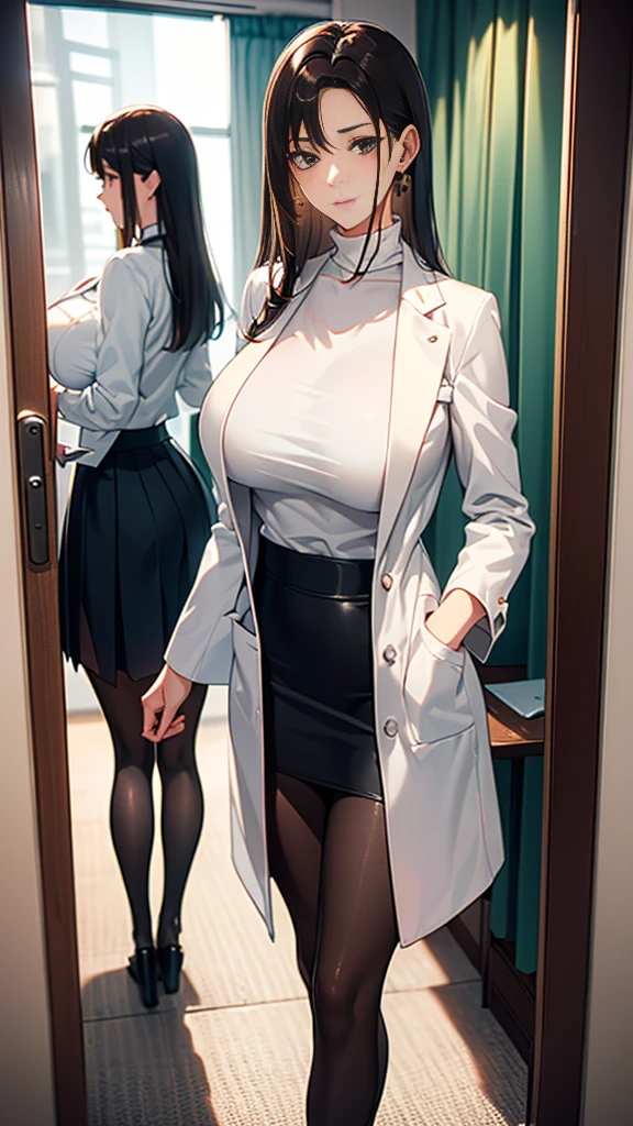 (family friendly, masterpiece, Highest quality, complex),

(((Big Breasts))), 
1 Girl, alone, (Mature Woman:1.3), (Female doctor in white coat)

Straight black hair、Long Hair、narrow, Sharp eyes、Thin chin、Turtleneck sweater、Doctor'sホワイトコート, School doctor、Public Health Physician、Glossy black pantyhose、mini skirt, (yandere:1.5, to death:1.5)、(((School、high school、Health Room:1.5, Room with curtains closed))