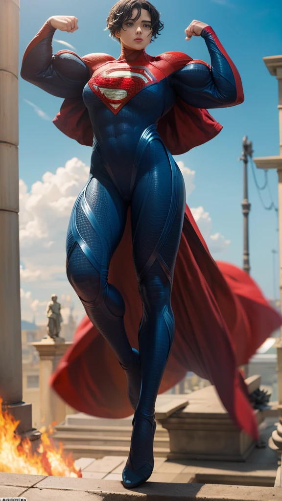 solo, 1girl, 5uper, supergirl, black hair, pixie haircut, blue eyes,muscular strong body,big bulging biceps, blue bodysuit,posing,flexing, long sleeves, red cape,high detail,realistic
