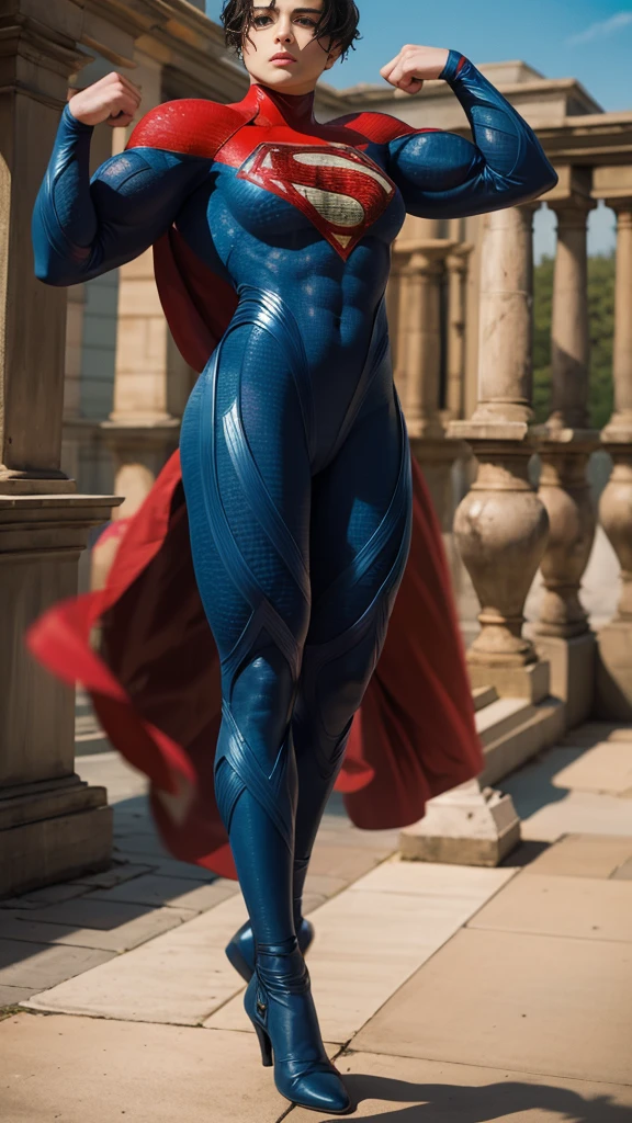 solo, 1girl, 5uper, supergirl, black hair, pixie haircut, blue eyes,muscular strong body,big bulging biceps, blue bodysuit,posing,flexing, long sleeves,high detail,realistic
