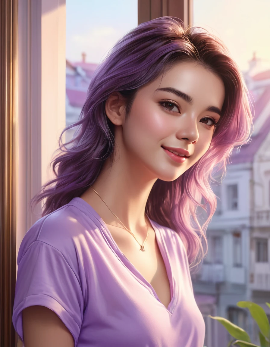 (Higher resolution, clearly_image) best quality, A woman, masterpiece, Very detailed, Semi-realistic, 21 years old, fair, young, Handsome, t-shirt, Lilac shirt pull, Collar around the neck, Internal, modern room, window, wake up, morning, blush, Smile