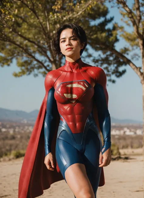 upper body photo of supergirl, short hair, bodysuit, red cape, regretful, outdoors sunny day, muscular jacked body,big bulging b...