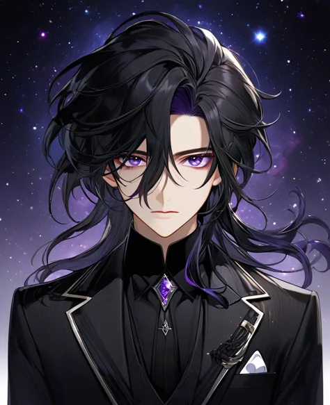 (black_hair), (dark_purple_eyes), (detailed_eyes), (attractive), (emotionless), (deep_space_background), (male), (wearing _a_bla...