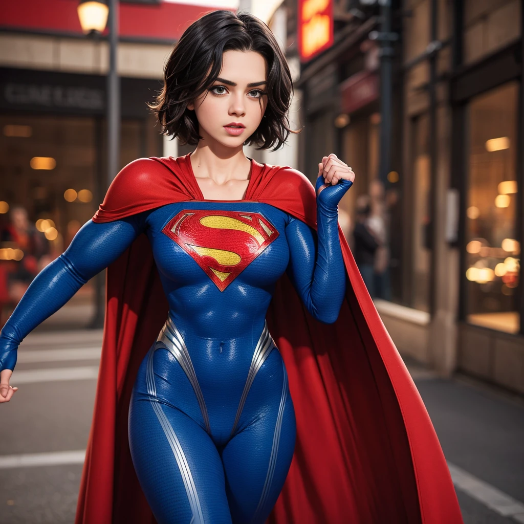 solo, 1girl, Femlander, supergirl, black hair, pixie haircut, blue eyes, blue bodysuit, long sleeves,muscular jacked body,big bulging biceps, red cape, red gloves, belt,