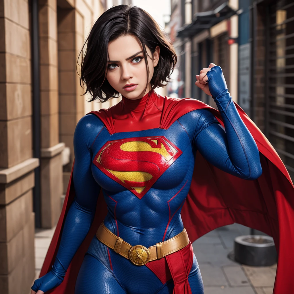 solo, 1girl, Femlander, supergirl, black hair, pixie haircut, blue eyes, blue bodysuit, long sleeves,muscular jacked body,big bulging biceps, red cape, red gloves, belt,