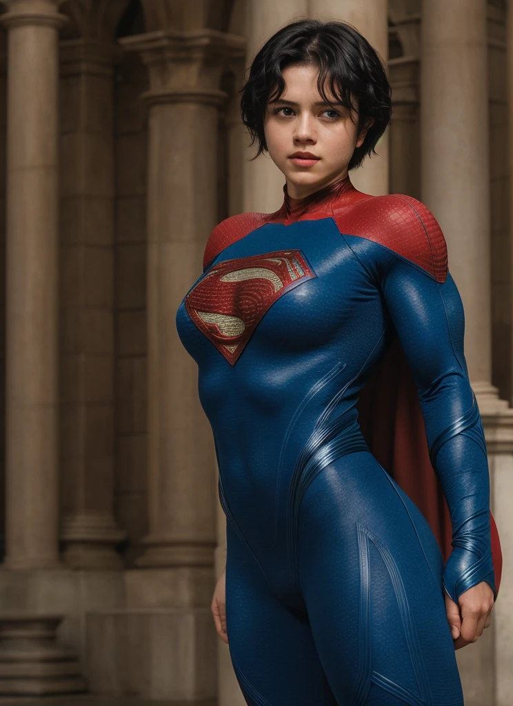 solo, 1girl, 5uper, supergirl, black hair, pixie haircut, blue eyes,muscular strong body,big bulging biceps, blue bodysuit,posing,flexing, long sleeves,high detail,realistic
