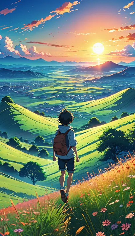 anime landscape of the image shows a boy jumping in the air from a hill, meadow, at sunset, seen from afar, a beautiful colorful...