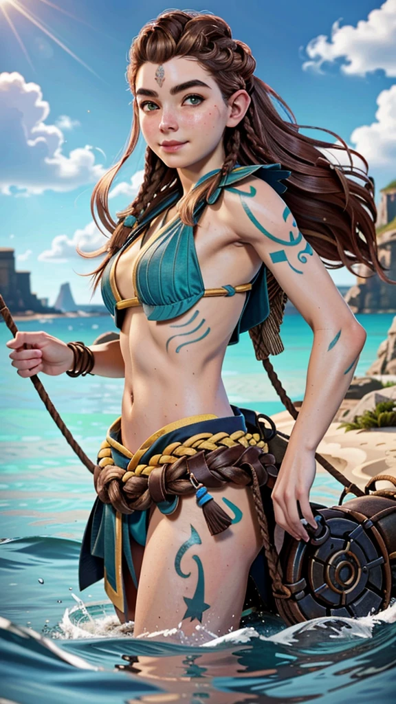 (masterpiece, best quality) 1girl, AloyHorizon, solo, long hair, smile, brown hair, hair ornament, navel, brown eyes, braid, outdoors, parted lips, sky, day, midriff,cloud, red hair, water, from behind, blue sky, lips, tattoo, ocean, thick eyebrows, hem, rope, freckles, realistic, nose, dreadlocks, sexy girl, bikini, ::biquini, ::small bikini,  action pose, ::sexy 