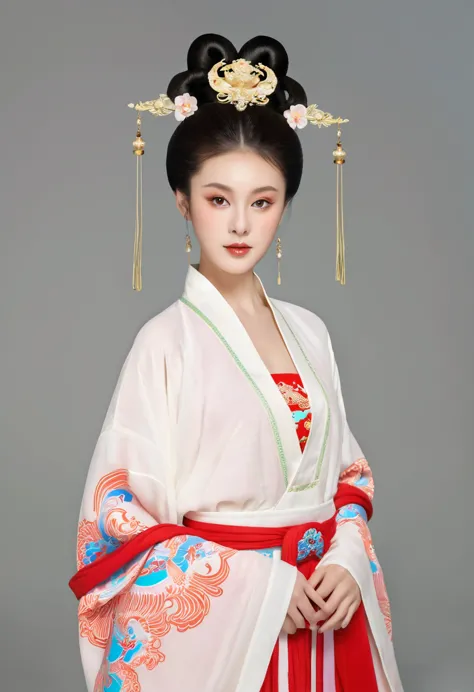 beautiful girl portrait，fairy，symmetry，round face，bright eyes，smooth skin，chinese tang dynasty flag costume,egotistical,high bun...