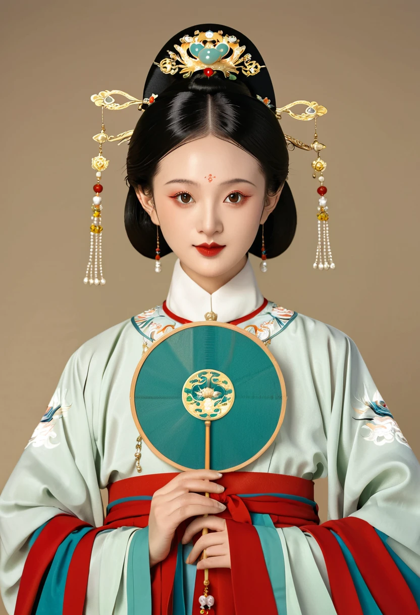 Chinese classical girl portrait，symmetry，Round Face，Bright Eyes，Smooth skin，Chinese Song Dynasty official uniform,egotistical,Official hat，Holding a round fan，Clean background