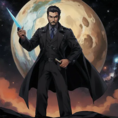 A man in a black trench coat stands in the universe with a blue spar in his hand