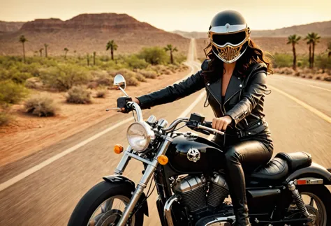 polaroid cowboy shot photo of a woman with a vintage 70s aesthetic, shiny metallic skull masked helmet, black wavy hair, black l...