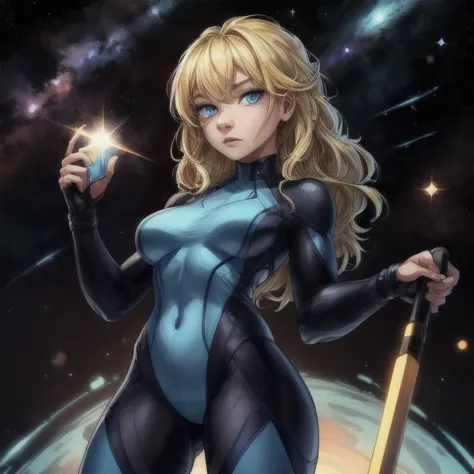 A portrait of an amazingly blonde woman with bright blue eyes, she's wearing a tight blue bodysuit, standing in the universe wit...