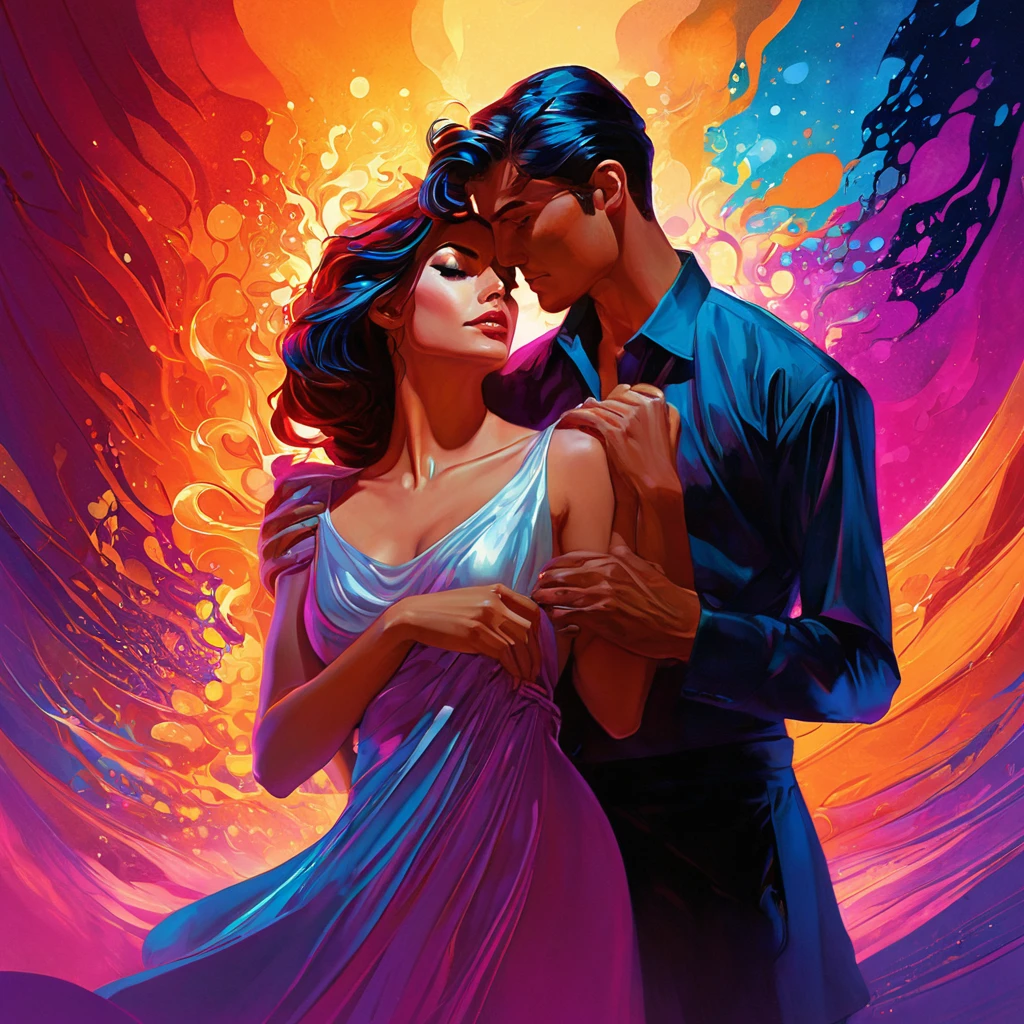 
Gemälde eines Paares, das vor einem bunten Hintergrund baisert, Charlie Bowater et Artgeem, inspiré par Tim et Greg Hildebrandt, von Cyril Rolando, Boris Vallejo und Ilya Kuvshinov, eine schöne Illustration von&#39;Arbeit von&#39;Kunst, baiser, nur ein Witz, vibrant digitale Zeichnung, düster ; digitale Zeichnung, Edmund Blair und Charlie Bowater, Charlie Bowaters Stil