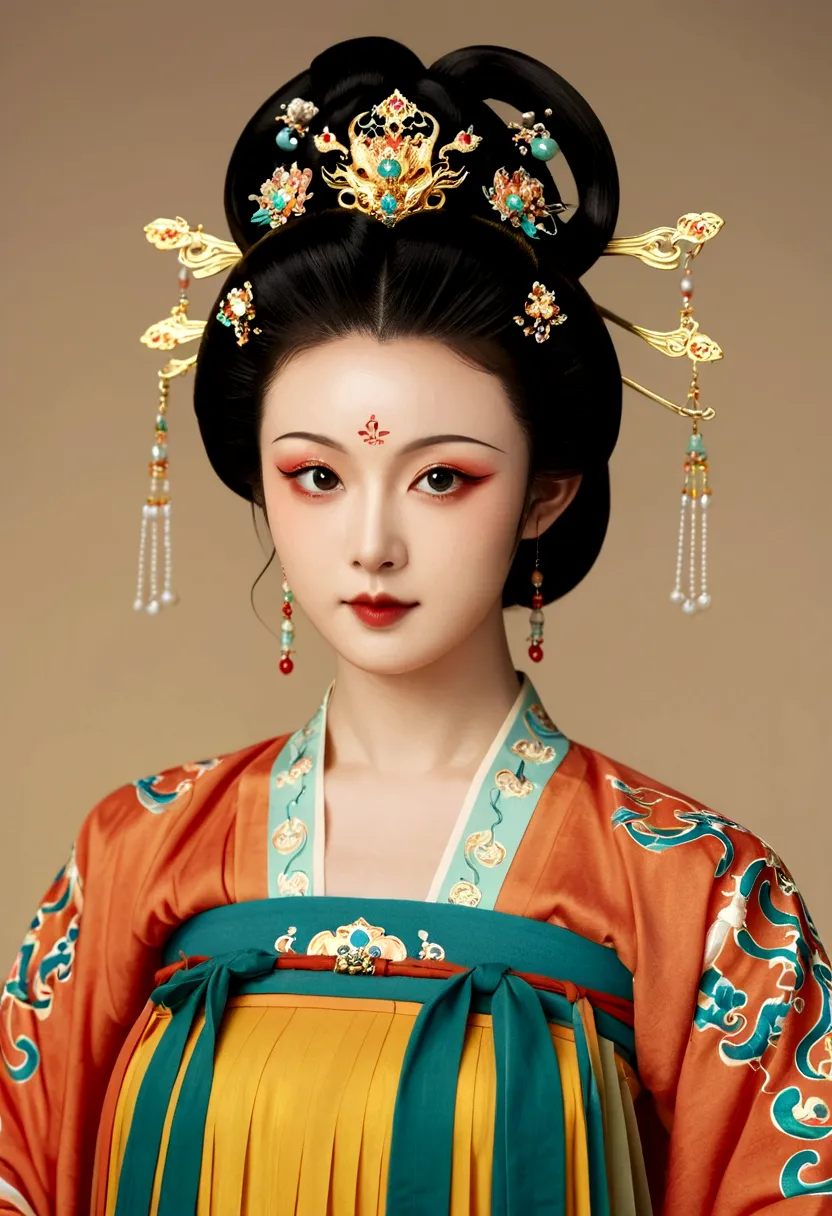 beautiful girl portrait，fairy，symmetry，round face，bright eyes，smooth skin，chinese tang dynasty flag costume,egotistical,high bun...