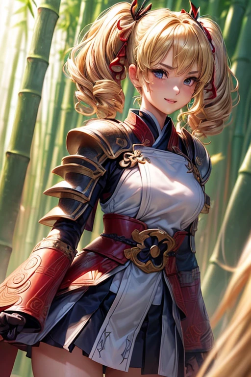 #Basics A girl is posing for a photo, animeのかわいい女の子, (((One Girl, Baby Face, Young girl, ))), 
BREAK 

#Clothing Accessories 
((Red and Black)Armor with a yukata motif : breastplate + Gauntlet + Combat Boots), 
BREAK 

#Features 
((Blonde:1.4), Curly hair:1.4, (Twin tails : Short Hair + Full and voluminous hair + White ribbon)), 
(Droopy eyes, blue eyes), (Small breasts),  
BREAK 

#background environment 
((Morning Glow, bamboo forest:1.4, well)), 
#Facial Expression Pose
((Wicked Smile), (Are standing)), 
#composition 
((Face the camera, Angle from the front, Cowboy Shot:1.4)), 
BREAK 

#Body parts elements 
(Detailed hair, Beautiful Hair, Shiny Hair), 
(double eyelid, Long eyelashes), 
(Expression of fine eyes, Beautiful and delicate eyes, Sparkling eyes, Eye Reflexes, Glitter Eyeliner), 
(Human Ear), 
(Beautiful Nose, Thin Nose), 
(Glossy lips, Beautiful Lips, Thick lips, Glossy Lips, Natural Cheeks), 
(Detailed face, Symmetrical facial features), 
(Detailed skin, Textured skin, Beautiful Skin, Shiny skin), 
BREAK 

#Quality 
(((Highest quality)), ((masterpiece)), ((Very detailed))), ((High resolution), (16K,1080P)), 
(Realistic), (Anatomically correct), 
((comics, anime)), (3DCG), CG illustration,
