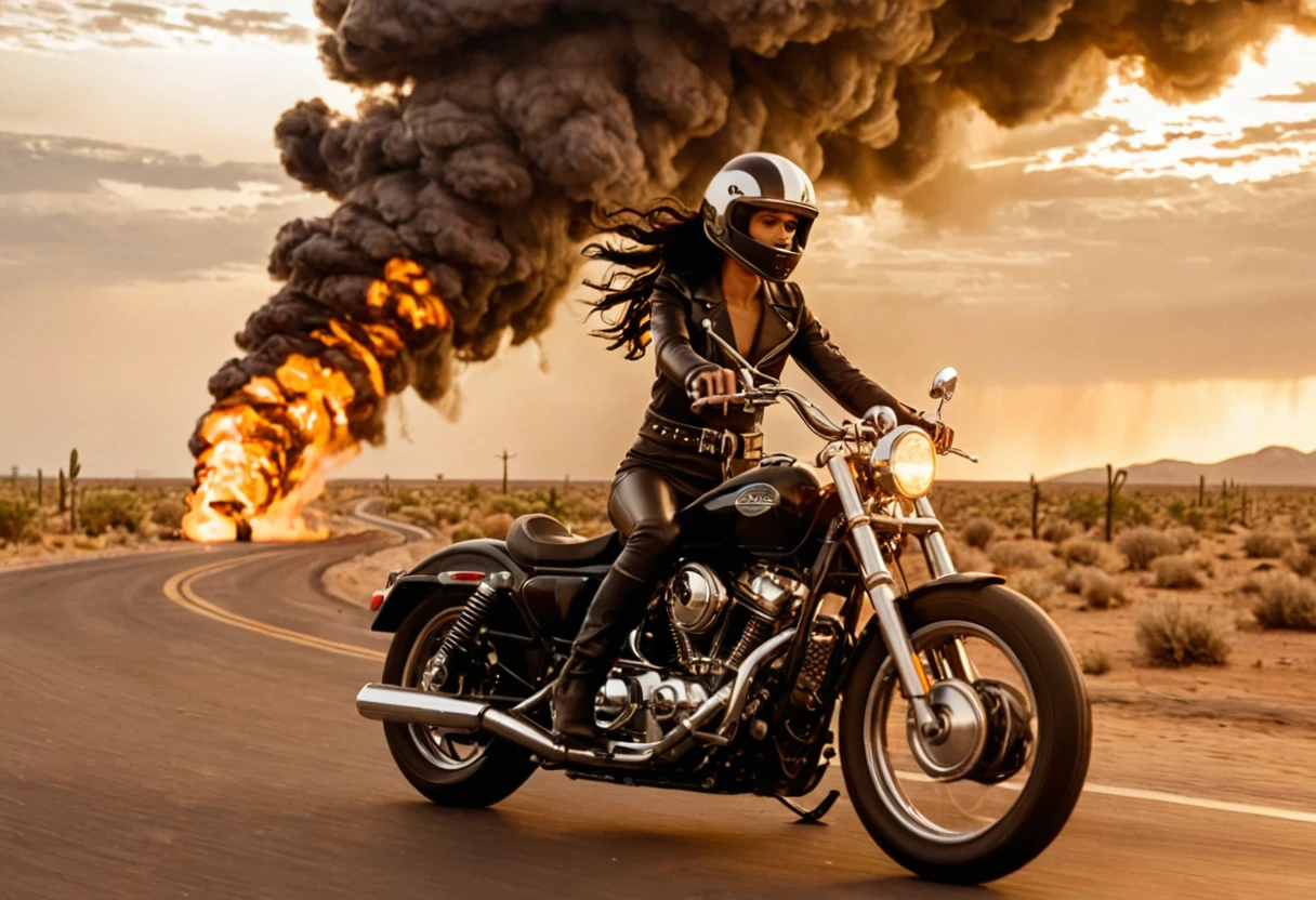 Long view shot photo of a woman with a vintage 70s aesthetic, shiny metallic skeleton as her helmet, black wavy hair, black leather outfit with intricate detail, a big tornado at the background, warm tones, faded colors, cinematic, nostalgic feel, candid pose, riding a black motorbike with intricate detail trough a ring of fire, on a desert road, motion blur effect, action shot, Fine art photography style
