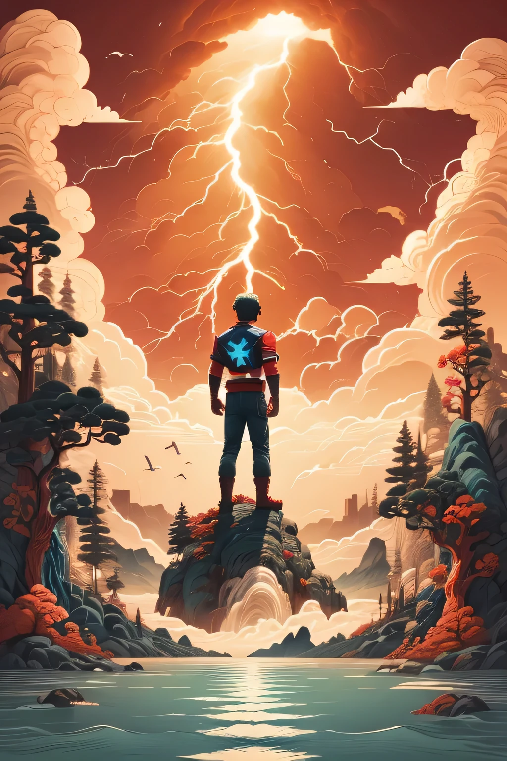 A boy standing on a whale in the ocean，Surrounded by Marvel superheroes behind，There is lightning in the sky