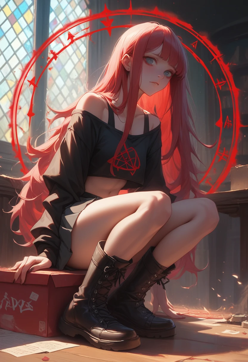 Digital Cyberpunk Art、８K、Very detailed、A hyper-realistic painting of a Japanese woman with ash-colored medium-long hair, wearing an off-the-shoulder black crop top, a red box pleated skirt, and black short boots, summoning a dead spirit from a magic circle in a chapel