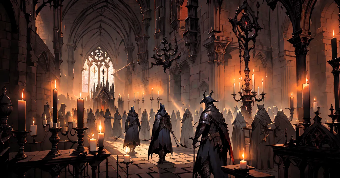 a large room with candles and a lot of people in it, bloodborne cathedral, marc simonetti. intricate, inspired by Marc Simonetti...