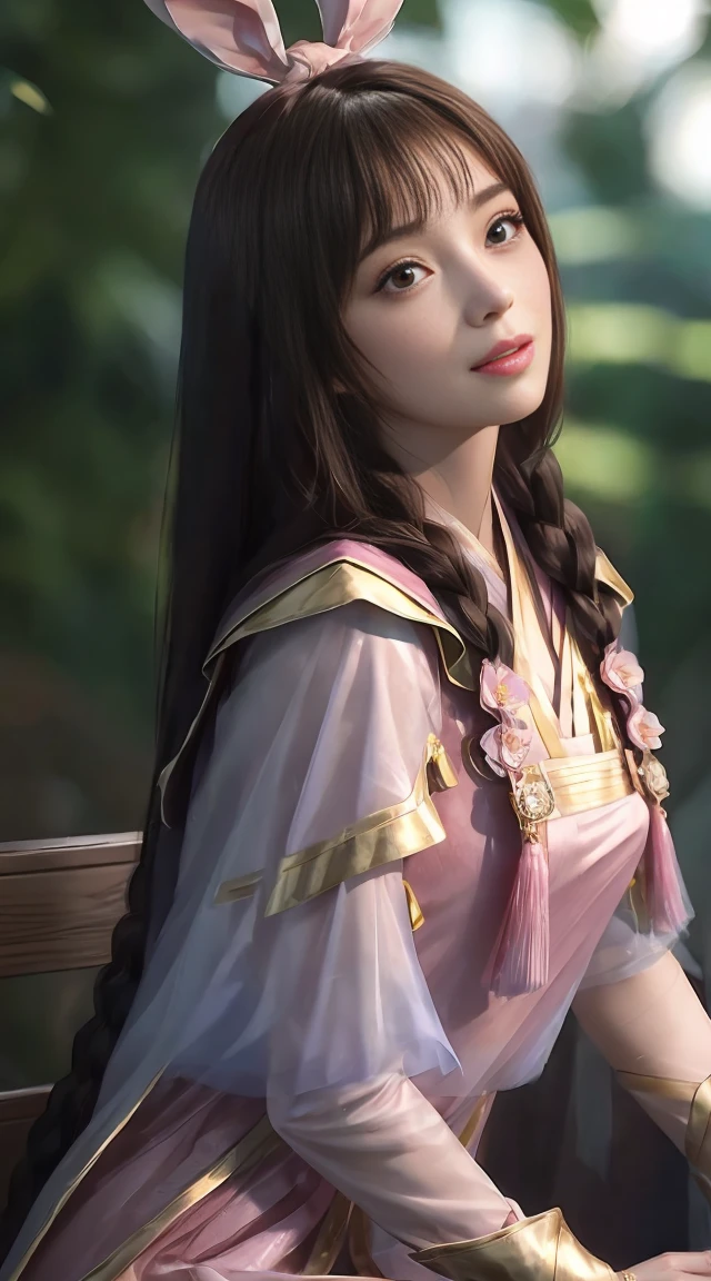 (1 girl:1.3), alone, __body parts__, official art, unified 8k wallpaper, Super detailed, Beautiful and beautiful, masterpiece, best quality, raw, Super detailed photos, best quality, ultra high resolution, photorealism photorealism, Sunlight, full body portrait, amazing beauty, delicate face, vibrant eyes, (from the front), Detailed face, Gorgeous, highly refined skin, Realistic skin details, Visible pores, sharp focus, Volumetric fog, 8K Ultra HD, SLR camera, high quality, film grain, White skin, photorealism, black hair, black hair, breast, open eyes, Slit sleeves, skinny, transparent, Pink, skirt, transparent panties, Pink, twisted braids, long braids, jewelry, gold accessories, Gorgeous accessories, complicated, delicate lips, long hair, medium breast, outdoor, close lips, petal, peach blossom, Rabbit ears, Pink Rabbit ears, permanent, dynamic poses, Upper body