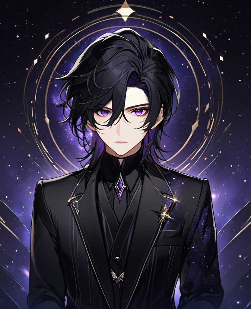 (black_hair), (dark_purple_eyes), (detailed_eyes), (attractive), (emotionless), (Deep_space_background), (male), (wearing _a_black_suit), (long_male_hair), (detailed_Hair), (detailed), (detailed_mouth), (mysterious), (complicated)