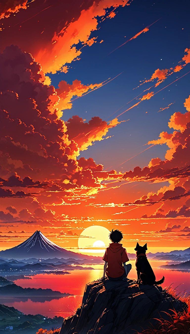 high quality, 8K Ultra HD, great detail, masterpiece, an anime style digital illustration, anime landscape of a young boy with his dog sitting on a high hill looking at a hellish orange and red sunset, anime nature wallpapers with serene sky, beautiful anime scene, beautiful anime peace scene, Makoto Shinkai Cyril Rolando, beautiful anime scene, amazing wallpaper, 8k anime art wallpaper, anime background, artistic anime background, wallpaper 4k anime, 4k anime art wallpaper, 4k anime art wallpaper,