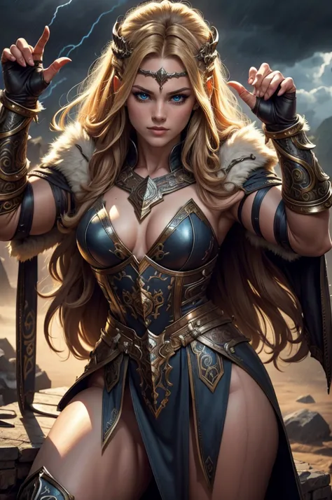 **Stable Diffusion Prompt:** "Mighty Goddess of Strength and Potency, Lady of Thunder transcending Nordic, Germanic, and Greek m...