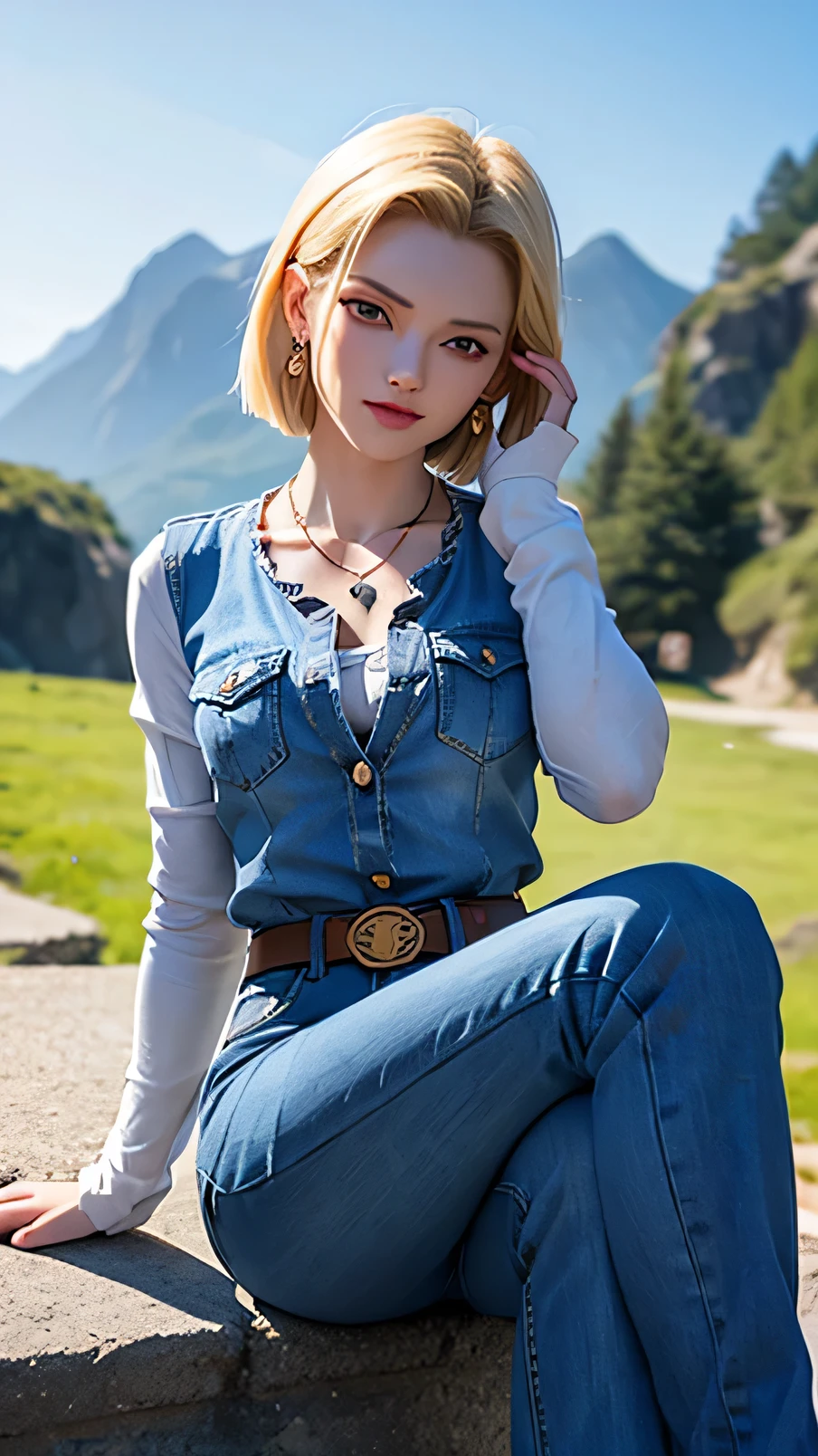 傑作, 最高品質, 非常に詳細な, 不条理, Android18DBの美しいポートレート, 一人で, イヤリング, ジュエリー, デニム, 笑顔, ベルト, 最高, 雲, ヌル, 日, ズボン, 屋外, 手袋, ネックレス, ジーンズ, ロック, 座っている, 