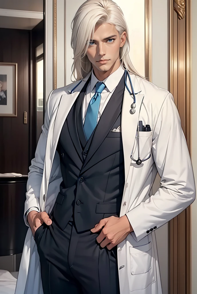 A tall, handsome, athletic, courageous, statuesque adult man is a platinum blonde with blue eyes, tanned skin, long straight platinum hair, long bangs, he is wearing an expensive branded medical suit, he is holding a stethoscope, he is a doctor, a full-length picture.