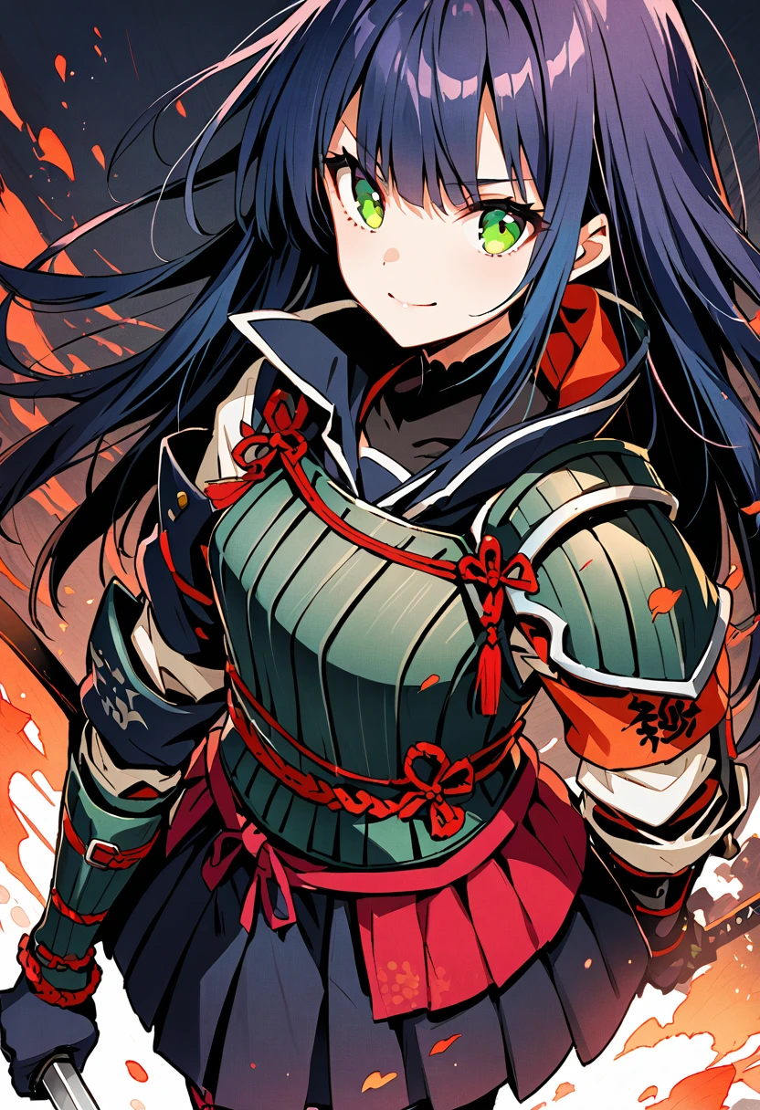 female samurai，has a samurai armor with black raven feathers on, blue hair and green eyes, breasts are visible, looks at the viewer, she looks at the viewer pessimistically, Smiles