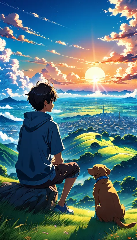 high quality, 8k ultra hd, great detail, masterpiece, an anime style digital illustration, anime landscape of a young boy with h...