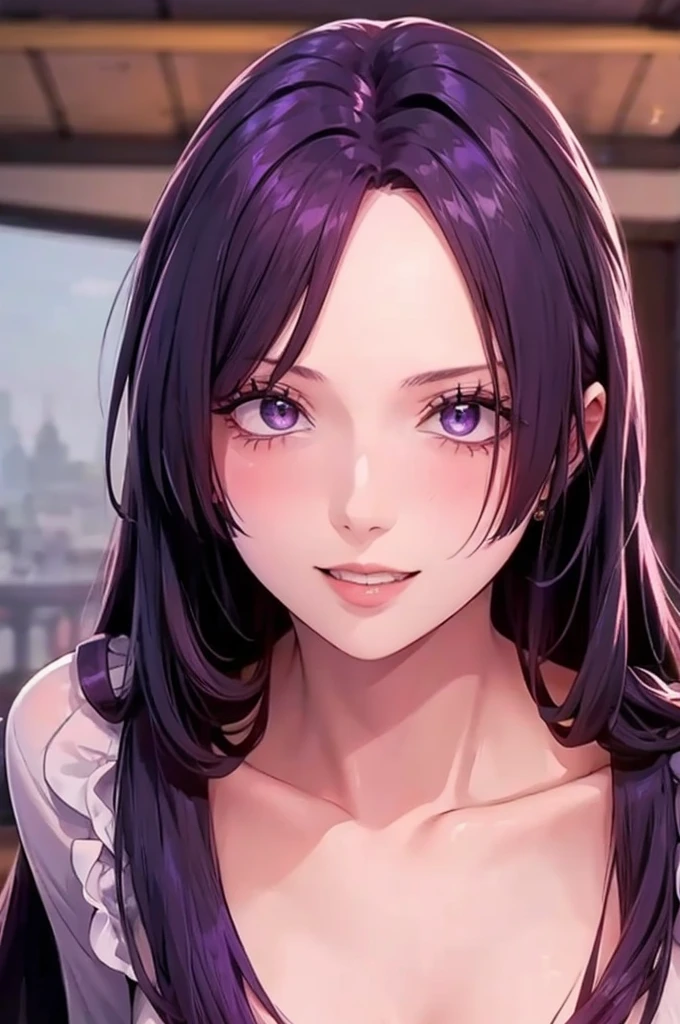 best quality, high quality, a cute girl, solo, beautiful purple hair, beautiful purple eyes, light smile,