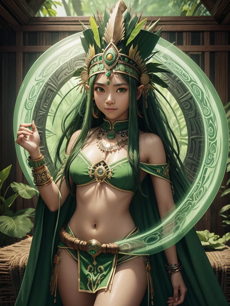 1 teenage girl. Beautiful indonesian teenage girl. 14 years old. Beautiful indonesian tribe girl. White skin. Powerful shaman. Green shaman tribe head. Green sexy shaman transparent dress no pants. No bra. No underwear. Exposing her breast. Green shaman cloak. Flat chest. Carrying Green orbz. Green emerald large necklace. Green shaman room. Beautiful face. Standing pose. Green shamanic logo around the room. Smile.