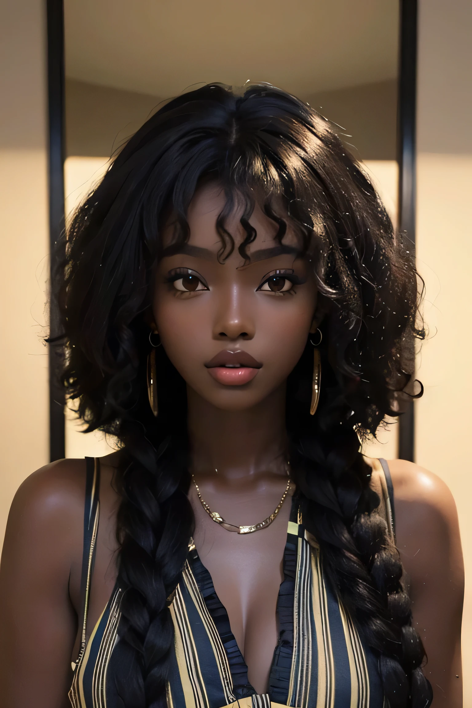 걸작, 최고의 품질, 아름다운 아프리카인 25세, 흑단 피부 여성, 곱슬머리, 곱슬곱슬한 검은 머리, 완벽한 얼굴, 멜라닌, 곱슬 머리, 