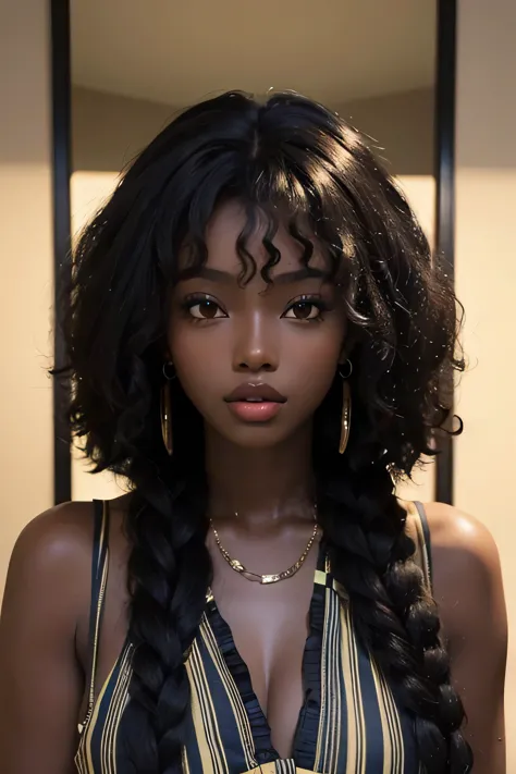 masterpiece, best quality, beautiful African 25 year old, ebony skin female, frizzy, curly dark hair, perfect face, melanin, cur...