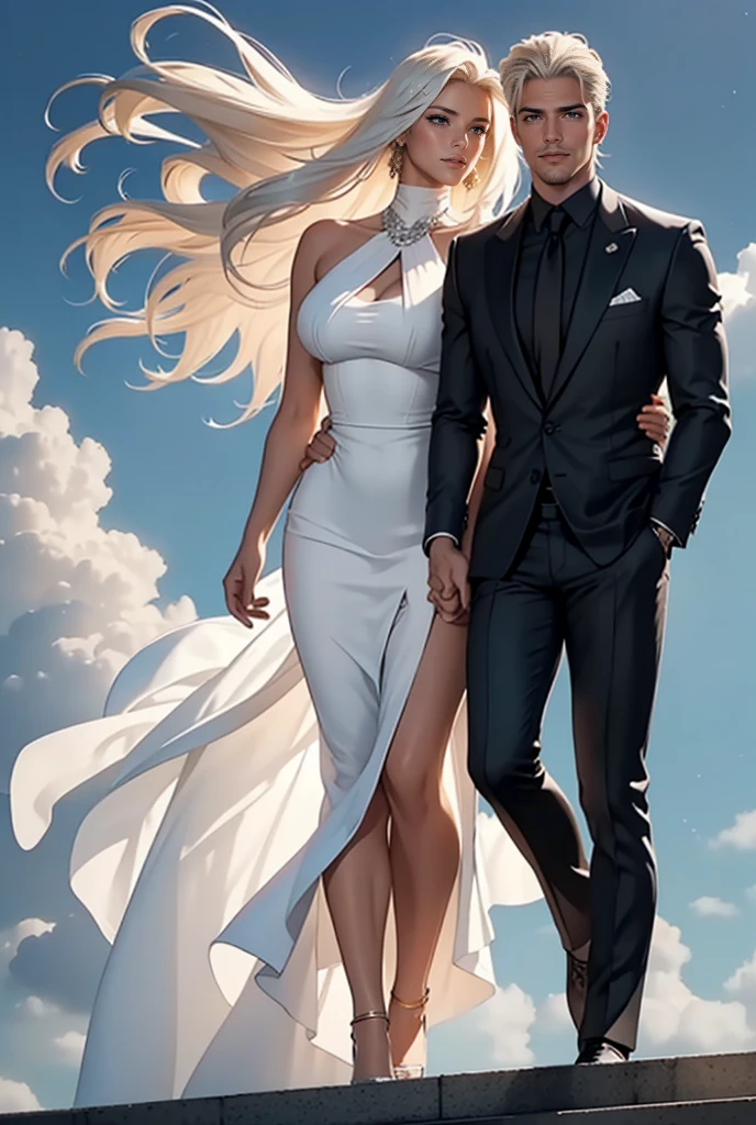 A tall, handsome, athletic, masculine, statuesque adult man is a platinum blonde with blue eyes, tanned skin, long straight platinum hair, long bangs, he is wearing an expensive branded suit, he is walking to the helicopter, holding the hand of an incredibly curvy fateful adult woman-a golden-haired blonde with blue eyes, she is wearing a luxurious refined evening dress a Dior dress, a tooley with a high heel. Helipad, strong wind, hair flying, full-length shot. Romance.