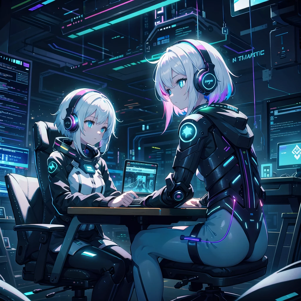 girl medium length hair, White hair, hair with rainbow ends, blue colored eyes, headphone with led,  futuristic roup, cyber punk, lo-fi, looking away, sitting studying