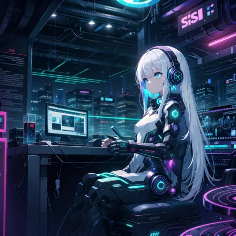 girl medium length hair, white hair, hair with rainbow ends, blue colored eyes, headphone with led,  futuristic roup, cyber punk...