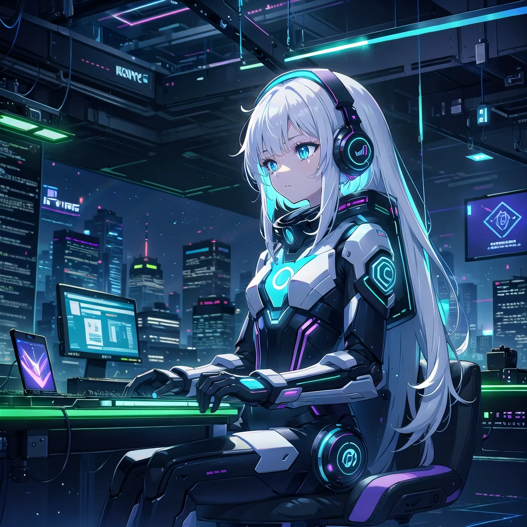 girl medium length hair, White hair, hair with rainbow ends, blue colored eyes, headphone with led,  futuristic roup, cyber punk, lo-fi, looking away, sitting studying