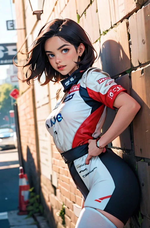 (work of art, best qualityer, hires, high resolution:1.2), (comely, Aesthetics, perfect, dainty, intricate:1.2), (Depth of field:1.2), (1 girl, standing alone), (mature woman), (darkskin, skin black, ebony:1.4), (a sexy racing driver leaning against the wall), (fleshy lips, Glossy lips), (shorth hair), (smiling), (racing driver uniform), (cowboy shot),