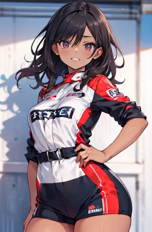 (work of art, best qualityer, hires, high resolution:1.2), (comely, Aesthetics, perfect, dainty, intricate:1.2), (Depth of field:1.2), (1 girl, standing alone), (mature woman), (darkskin, skin black, ebony:1.4), (a sexy racing driver leaning against the wall), (fleshy lips, Glossy lips), (shorth hair), (smiling), (racing driver uniform), (cowboy shot),