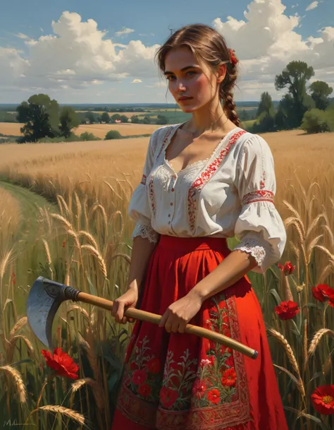 A painting of a woman holding a scythe in a field, by Slawomir Maniak, bohemian style, drawn in the style of mark arian, render ...