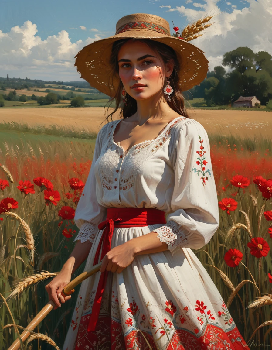 A painting of a woman holding a scythe in a field, by Slawomir Maniak, bohemian style, drawn in the style of mark arian, render of a delicate white muslin blouse with ornate lace embroidery, ::a vibrant red embroidered folkloric skirt blooms with intricate floral patterns, plains, wheat, by Michael Malm, pastoral themed, embroidered muslin clothes, artist - phil moss, award winning painting
