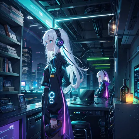 girl medium length hair, white hair, hair with rainbow ends, blue colored eyes, headphone with led, futuristic roup, lo-fi, look...