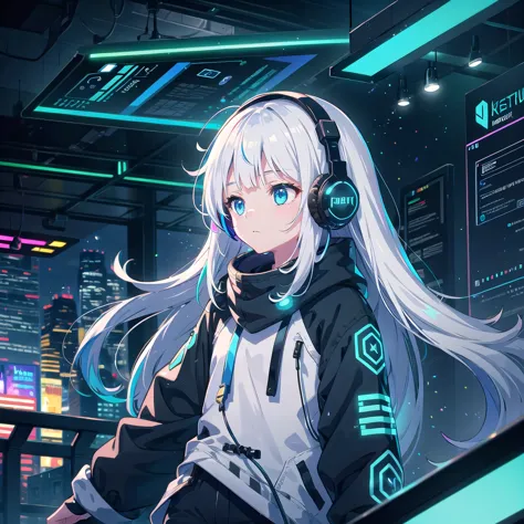 girl medium length hair, white hair, hair with rainbow ends, blue colored eyes, headphone with led, futuristic roup, lo-fi, look...