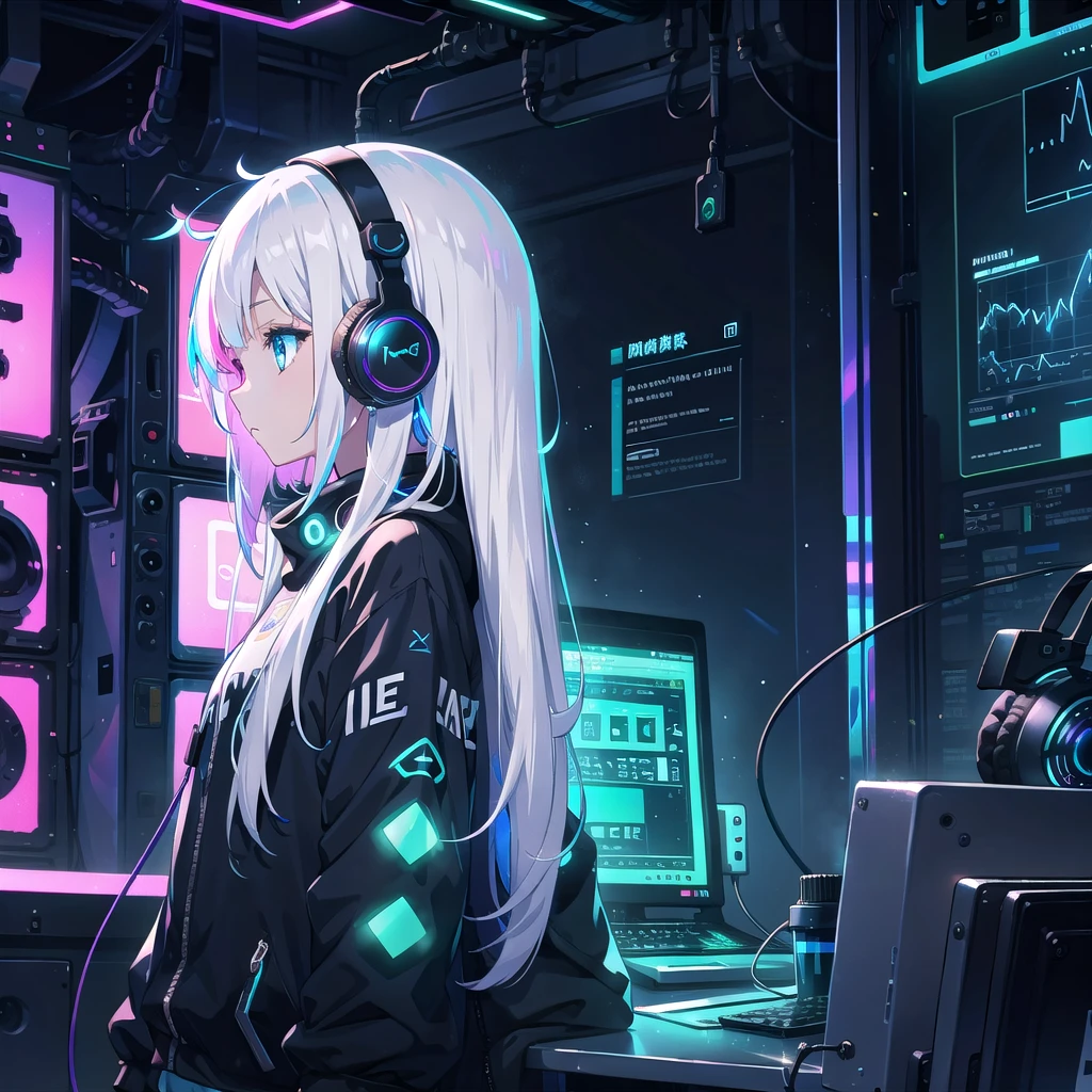 girl medium length hair, White hair, hair with rainbow ends, blue colored eyes, headphone with led, futuristic roup, lo-fi, looking away, studying